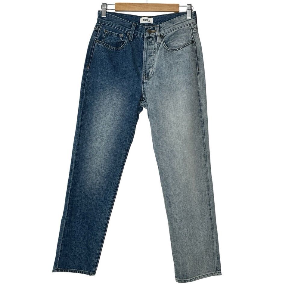 pistola Two-Tone Straight Leg Jeans in Dark and Light Blue